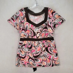 Y2K Brown Retro Print Pink Jersey Womens Top Sweetheart Tie Blouse Plus Size 22 - Picture 1 of 20