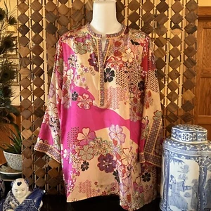 NUEVO CON ETIQUETAS $255 Johnny Was X-SMALL Túnica Estampada Yama Kelis De Seda De Gran Tamaño - Imagen 1 de 11