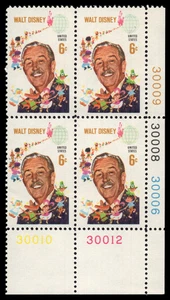 US Scott # 1355, Walt Disney, Plate Block of (4) 1968 6¢ Stamps, MNH - Picture 1 of 1