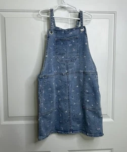 CAT & JACK DENIM OVERALL DRESS Girls Large 10/12 Blue Floral Jumper Pockets - Picture 1 of 7