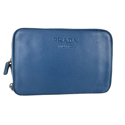 Auth PRADA Clutch Bag Blue Leather - z7541 - Image 1 of 4