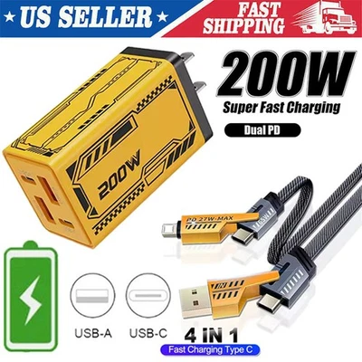 200W Fast Type C Wall Charger & 6FT 4 in 1 Cable For iPhone 17 15 14 13 Pro Max - Image 1 of 4