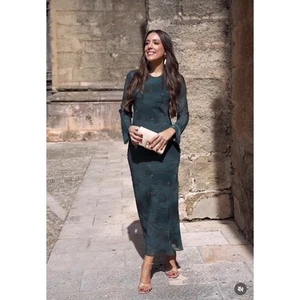 Neu mit Etikett Zara Damen-Maxikleid Größe Medium dunkelgrün bedruckt Langarm NEU - Bild 1 von 14