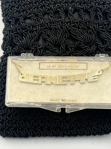 Vintage 1970s 14K Gold Plated Jeanette Name Plate Necklace 4 g Boxed 14” NOS - Picture 1 of 13