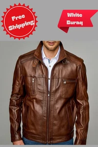 White Buraq Men’s Brown Sheepskin Biker Leather Jacket – Classic Rugged Look - Picture 1 of 3