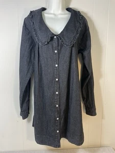 Entro button up denim dress size M ruffles pearl snaps long sleeve shirt cotton - Picture 1 of 6