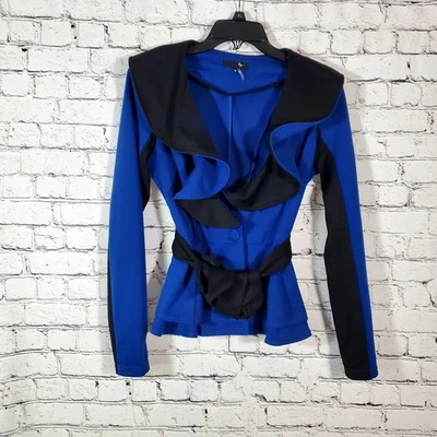 Blazer Top Anthropologie Ryu Azul Real Negro Elástico Femenino Volantes Peplum M Foto 1 de 4