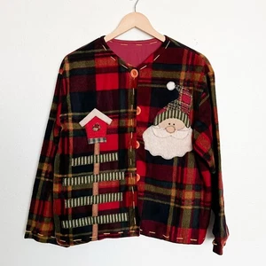 Cárdigan de Papá Noel vintage de Navidad chaqueta polar apliques grandes a cuadros vacaciones - Imagen 1 de 9