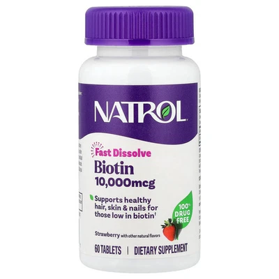Biotina, Disolución Rápida, Fresa, 10.000 mcg, 60 Comprimidos Foto 1 de 3