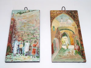 Azulejos de Jerusalén pintados a mano dos escenas callejeras arte colgante de pared firmado de 3" x 6" - Imagen 1 de 6