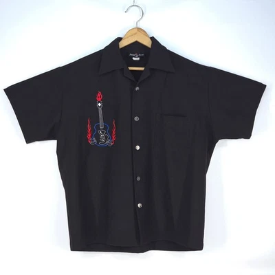 Johnny Suede Flame Guitar Bowling Shirt XL Y2K Stitch 90s Rockabilly USA Made - Image 1 of 4