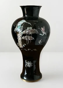 Vintage große asiatische schwarze Lack MOP Intarsien Vase Kranichmuster Vögel 14" hoch - Bild 1 von 9