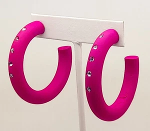 E001 Bohemian wood Colorful 1.5 inch fuscia color Hoop post fashion Earrings #3 - Picture 1 of 5