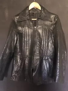 Vintage 1960s Black Leather Jacket 8-10 Dagger collar Biker Ladies - Picture 1 of 14