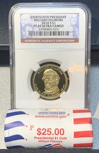 2010 Millard Fillmore Presidential $1 Dollar Stempelglanz Rolle mit 25 und NGC PF69 UC Münze - Bild 1 von 11