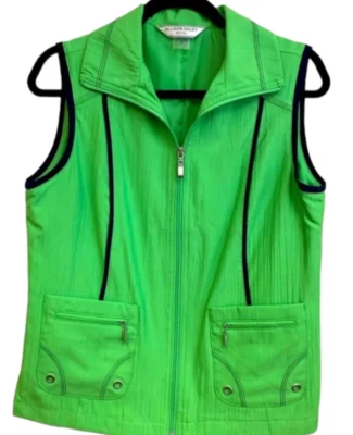 Allison Daley Women Vibrant Green Blue Trim Full Zip Front Sleeveless Vest 1-2XL - Image 1 of 4
