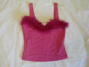 Bebe Fuchsia Pink Feather Trim Stretch Top - Sz M Gorgeous Rare Moda Piece EUC - Picture 1 of 5
