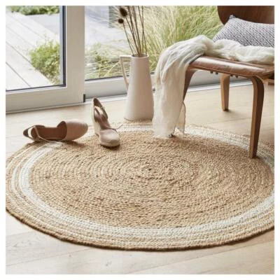 Jute Rug White Line Round Handmade Carpet Reversible Braided Modern Rustic Look - Image 1 of 4