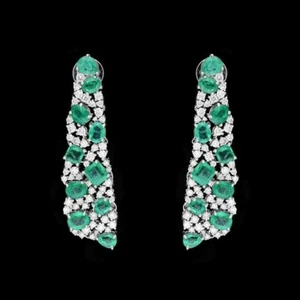 935 Silver With Simulated 7.88TCW Emerald & Sapphire Dangle Women's Earrings - Picture 1 of 7