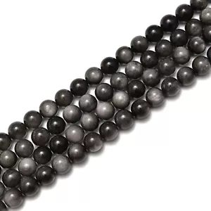 Perline rotonde lisce in ossidiana argento misura 6 mm 8 mm 10 mm 12 mm 15,5"" filo - Foto 1 di 2
