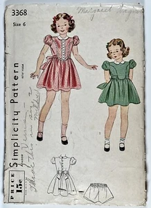 1940’s Sewing Pattern Childs Dress and Panties Simplicity 3368 Size 6 chest 24” - Foto 1 di 4