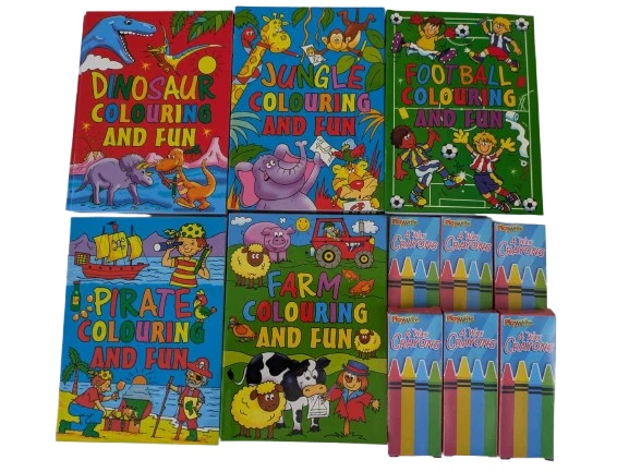 WF GRAHAM Mini Colouring Activity Books Crayons Boys Girls Party Bag Fillers 6 - 24