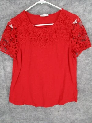 Camiseta blusa roja Charter Club para mujer mediana fluida floral de encaje manga transparente Foto 1 de 4