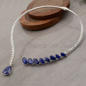 18k White Solid Gold Blue Processed Gemstone SI/H Diamond Choker Necklace Gift