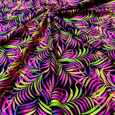 Tela de spandex de nailon de hojas púrpura y verde neón elástica en 4 vías por yarda Foto 1 de 4