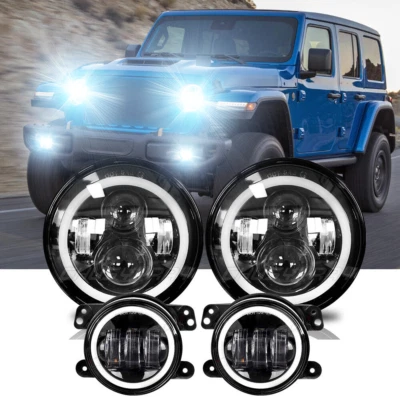 Faros LED redondos y luces antiniebla negras de 4" para Jeep Wrangler TJ DOT 97-06 Foto 1 de 4