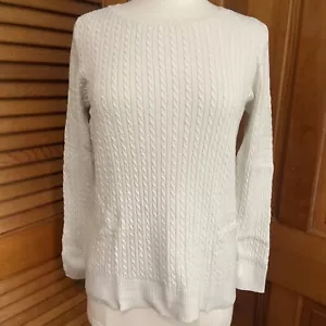 LL Bean Womens Sweater Large Ivory Cable Knit Cotton Crew Neck Long Sleeve - Picture 1 of 9