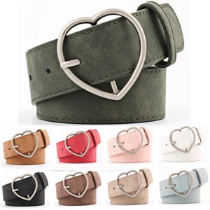 Women Ladies Heart Metal Buckle Faux Leather Skinny Belt Dress Jeans Waistband - Picture 1 of 18