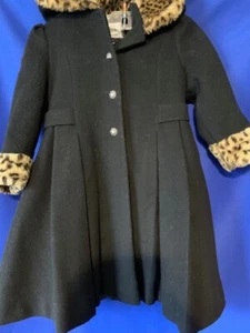 Rothschild Girls Coat Black Wool with Faux Leopard Print Size 4  hooded Exc cond - Picture 1 of 14