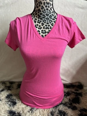 Women’s Y2K Sheer Hot Pink Plain V Neck Short Sleeve Tee Shirt Active Basic M - Image 1 of 4