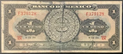 1954 MEXICO БУМАЖНЫЕ ДЕНЬГИ - ОДИН ПЕСО БАНКНОТА! - Изображение 1 из 2