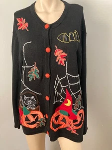 Vintage 90s 3D Halloween Sweater Cardigan Grandma Pumpkin Embroidered XL - Picture 1 of 6