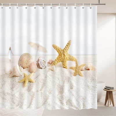 Seaside Beach Shower Curtain, 70x70, Starfish, Conch, Shell, Ocean Landscape - Image 1 of 4