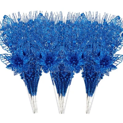 Paquete de 24 adornos para árboles de Navidad - flores artificiales brillo bayas tallos Chr... Foto 1 de 4