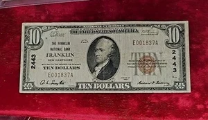 1929 $10 The Franklin National Bank of Franklin New Hampshire Paper Clip Stain - Picture 1 of 2