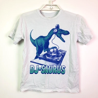 The Childrens Place DJ Dinosaur Youth Boys Size M 7/8 White Graphic Crew T-Shirt - Image 1 of 4