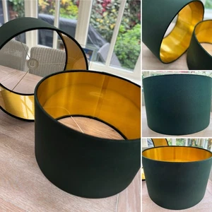 Dark Green Velvet Lamp Shade Brushed Gold PVC Lining Emerald - Picture 1 of 9