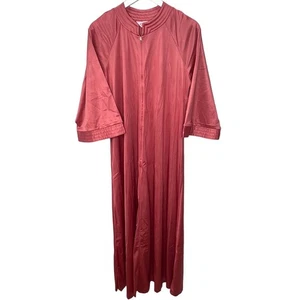Vintage 70s Gilead Mauve Pink Maxi Gown 1/2 Zip Size S Satin House Dress 55" - Picture 1 of 8
