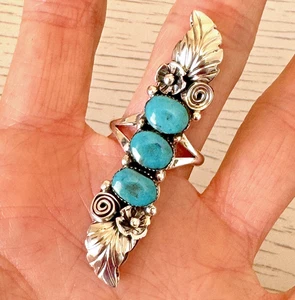 Navajo Three Stone Long Flower Turquoise Ring Sz 8 Signed A Platero Sterling - Picture 1 of 9