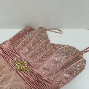 Mac Duggal Short Prom Cocktail Pink Sequins Rhinestones & Feathers size 4 - Picture 1 of 5