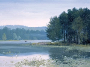 New England LILLY POND with Geese, BLY 12x16 Giclee Canvas Print - Picture 1 of 2