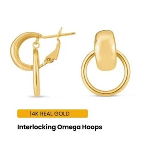 14k Yellow Gold Puffed Interlocking Hoop Earrings with Omega Clasp 22 mm 3.5 gr - Picture 1 of 7