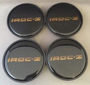 1985 1986 1987 Chevy Camaro IROC-Z Wheel Center Hub Cap Black w/ Gold IROCZ SET - Picture 1 of 3
