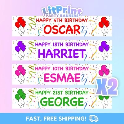 2x Personalised Birthday Banners Happy Birthday Any Name & Age Party Decoration
