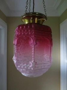 Grand Victorian Cranberry Glass Paraffin Hall Oil Lamp Hanging Light Shade - Picture 1 of 11