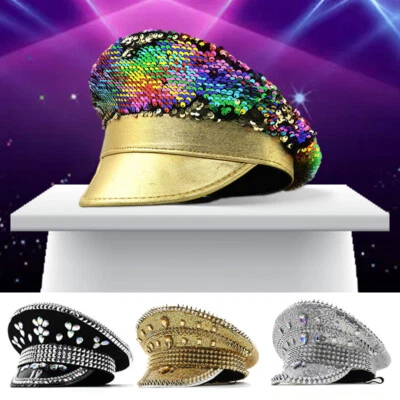 Unisex Arco Iris Diamante Lentejuelas Sombrero Cortical Policía Gorra Fiesta Juegos con disfraces Ropa de club nocturno Foto 1 de 4